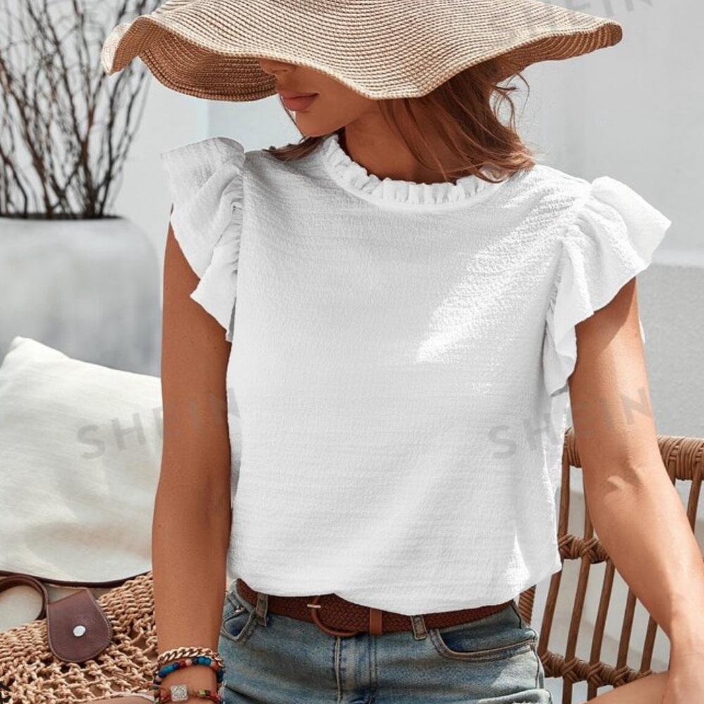 Vcay Mock Neck Lettuce Trim Ruffle Blouse